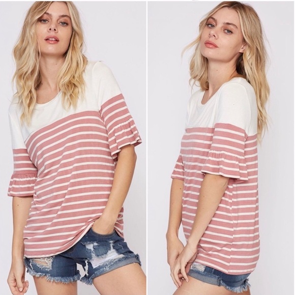 MAUVE STRIPED SHORT SLEEVE TOP - Picture 2 of 2